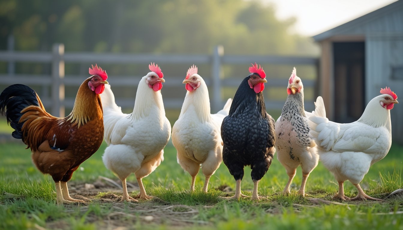 Beberapa ayam dari berbagai ras berdiri tenang di halaman peternakan yang hijau.