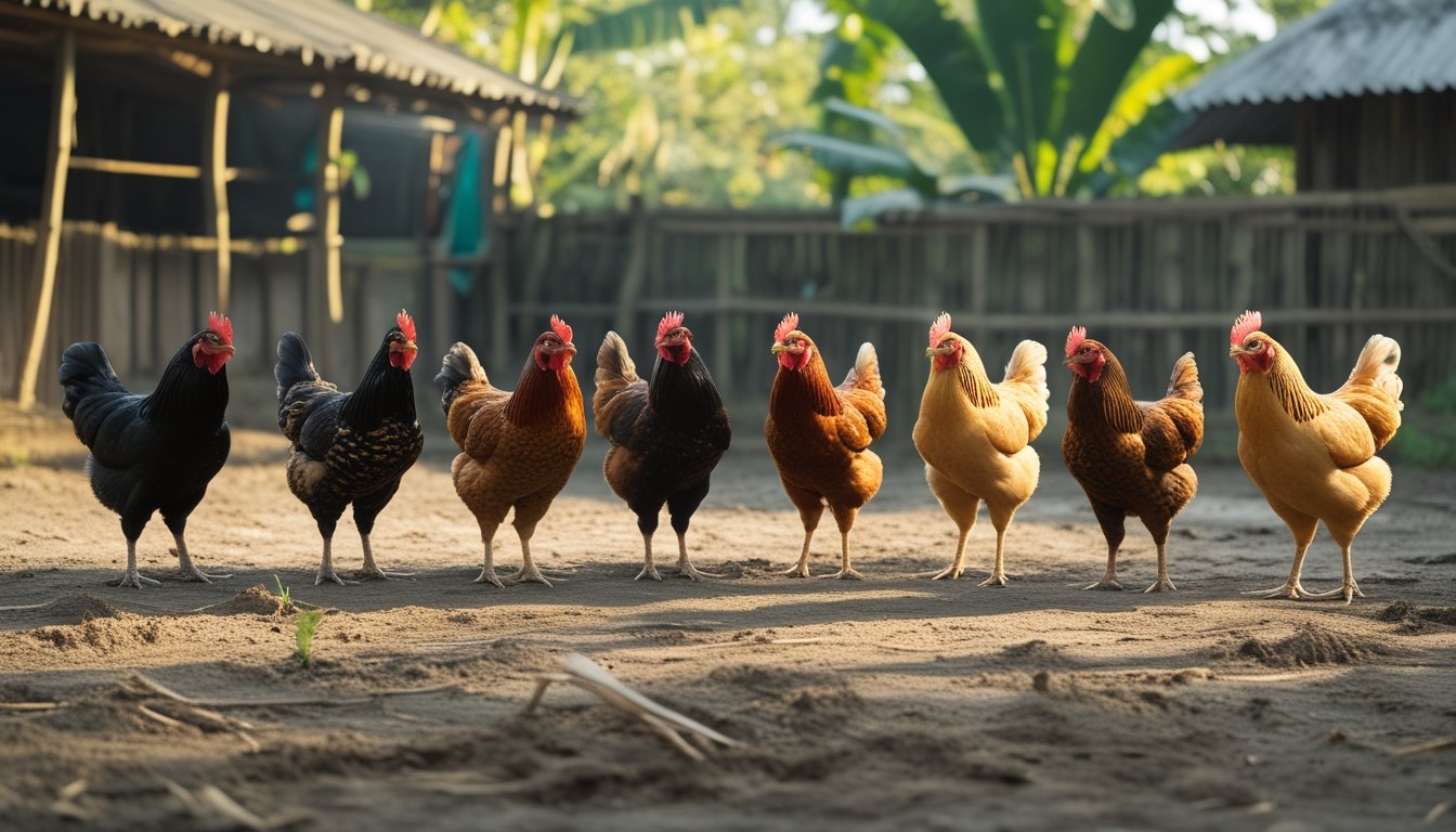 Beberapa ayam jantan sehat dengan warna bulu beragam berdiri di kandang luar ruangan yang bersih dan rindang.