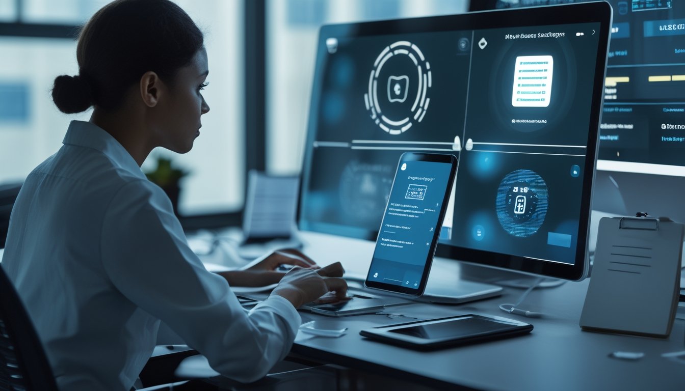 Pengguna memeriksa keamanan akses platform digital bersama konsultan di ruang kerja modern.