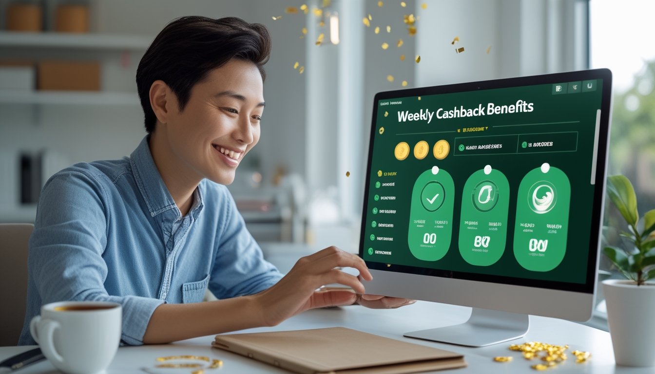 Orang dewasa tersenyum melihat dasbor hadiah mingguan di laptop dengan ponsel dan ikon cashback di meja.