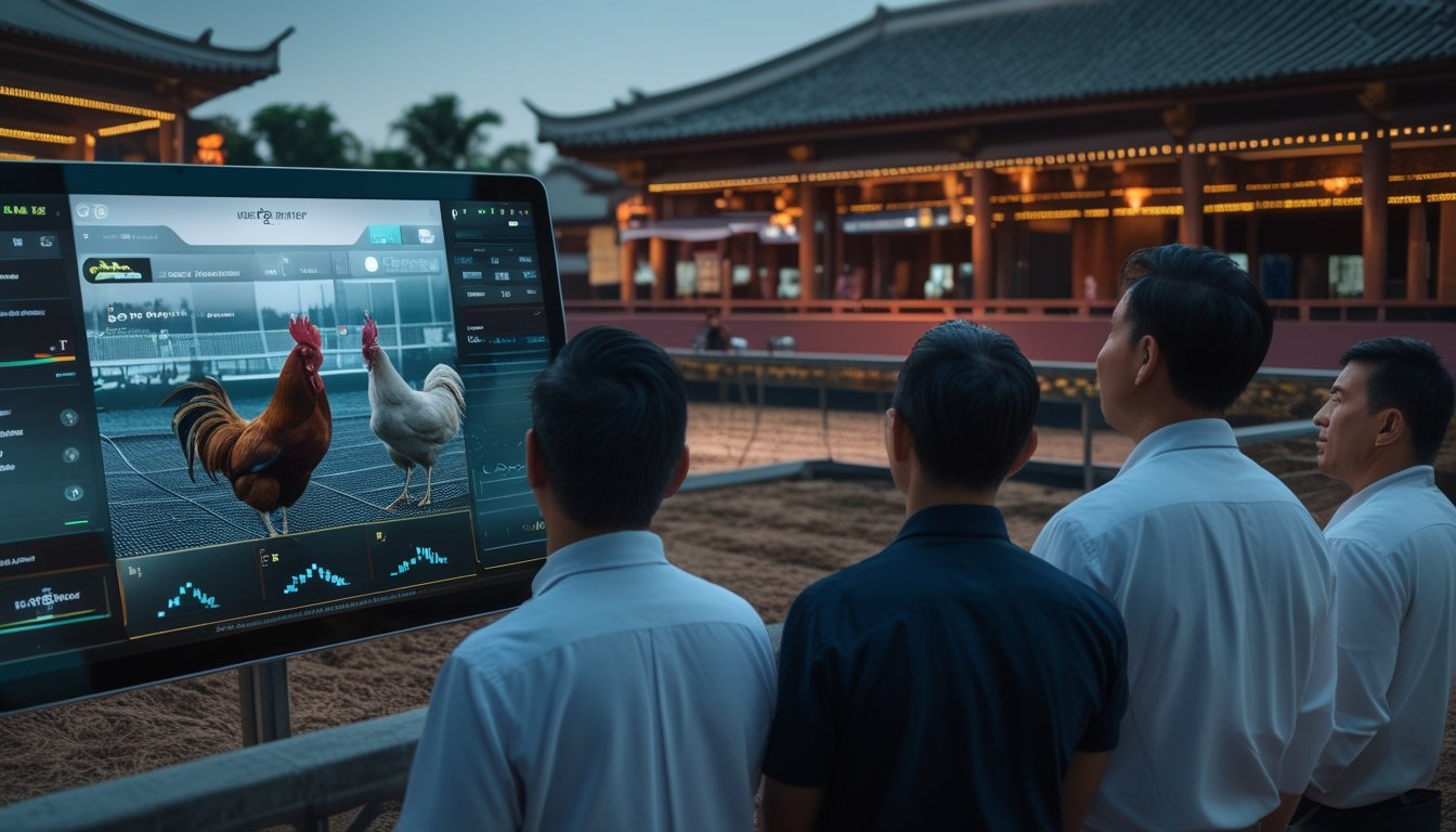 Penonton dewasa menyaksikan siaran langsung acara sabung ayam melalui perangkat digital di arena modern.