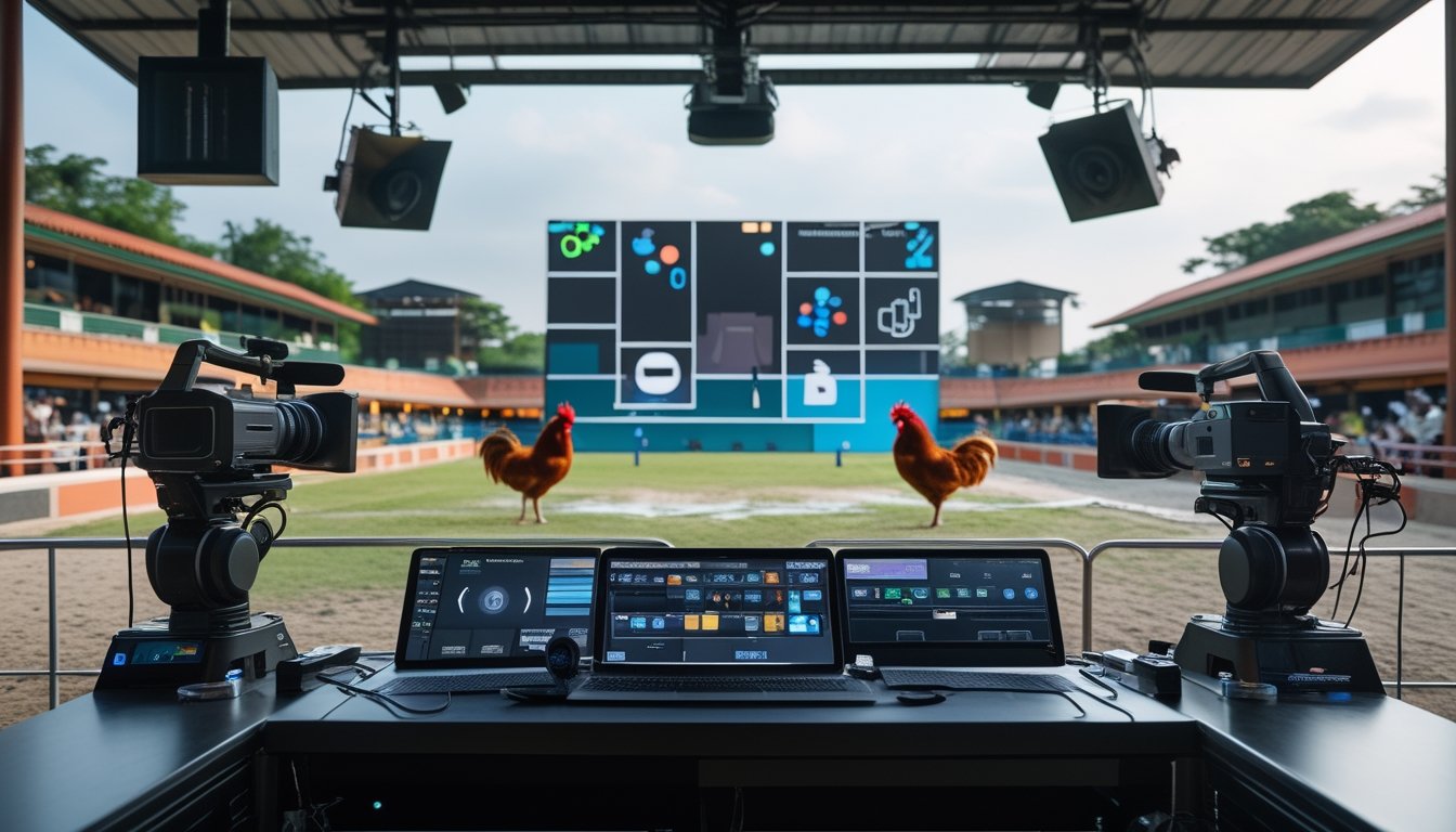 Tim produksi menyiarkan acara sabung ayam tradisional menggunakan kamera dan teknologi digital di arena yang tertata.
