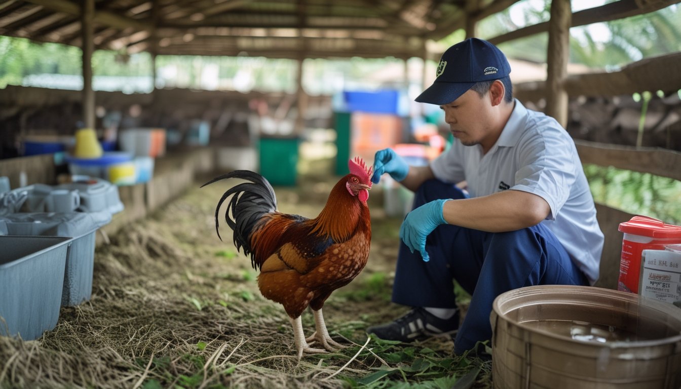 Peternak memeriksa kesehatan ayam jantan yang sehat di kandang bersih dengan pakan dan air minum.