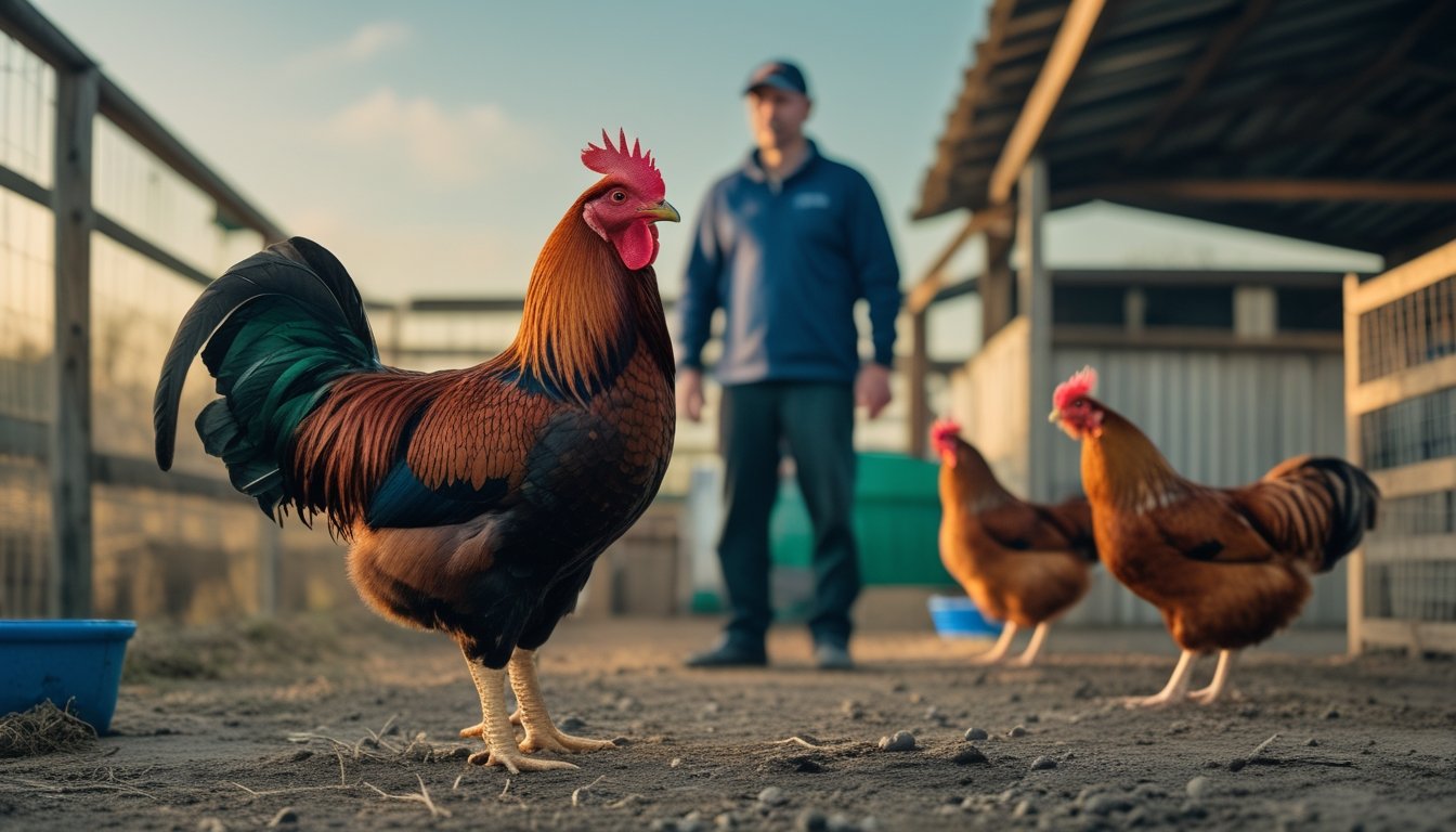 Ayam jantan sehat diamati di area perawatan yang bersih dengan air dan pakan segar.