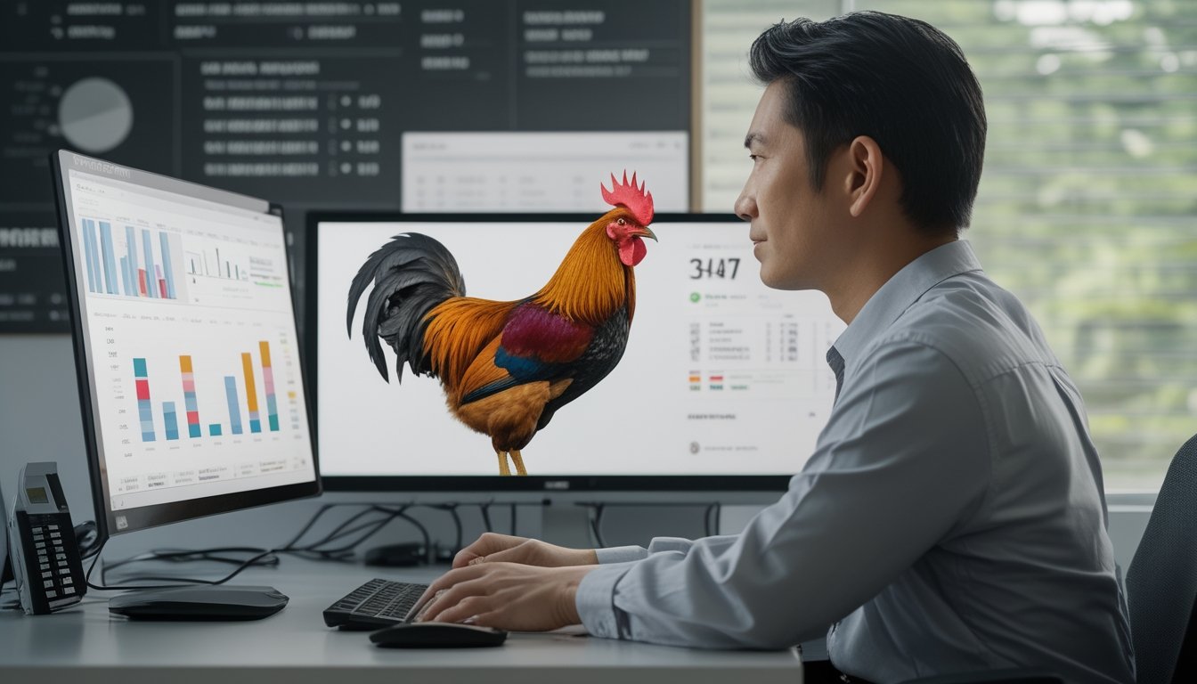 Analis sedang meninjau informasi digital tentang situs dan ayam jantan dalam suasana kerja profesional.