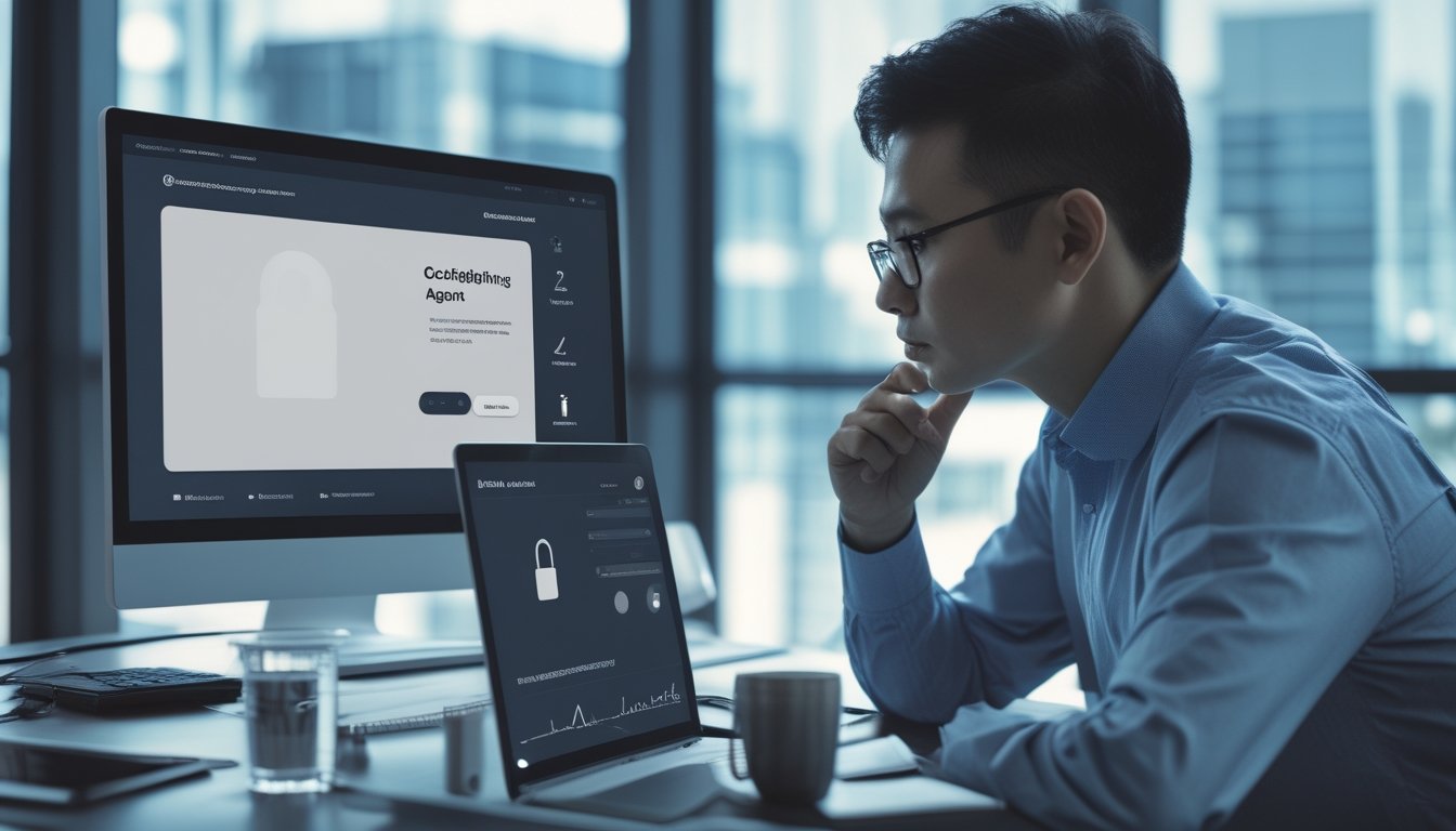 Seorang profesional menilai platform digital di laptop dengan simbol keamanan, verifikasi, dan analitik di meja kerja modern.