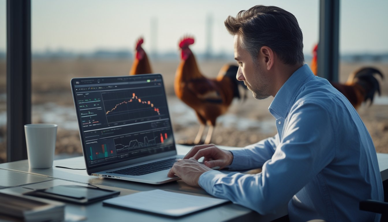 Seorang analis mempelajari grafik peluang taruhan di laptop dengan siluet ayam jantan di latar belakang.