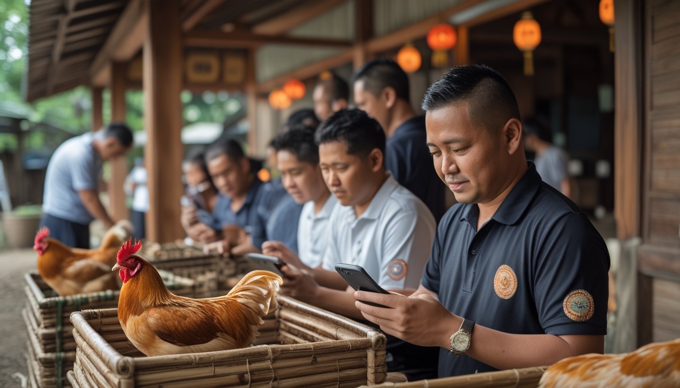 Sekelompok orang dewasa Indonesia berkumpul sambil menggunakan ponsel di lingkungan tropis, dengan beberapa ayam jantan yang dirawat dengan tenang.
