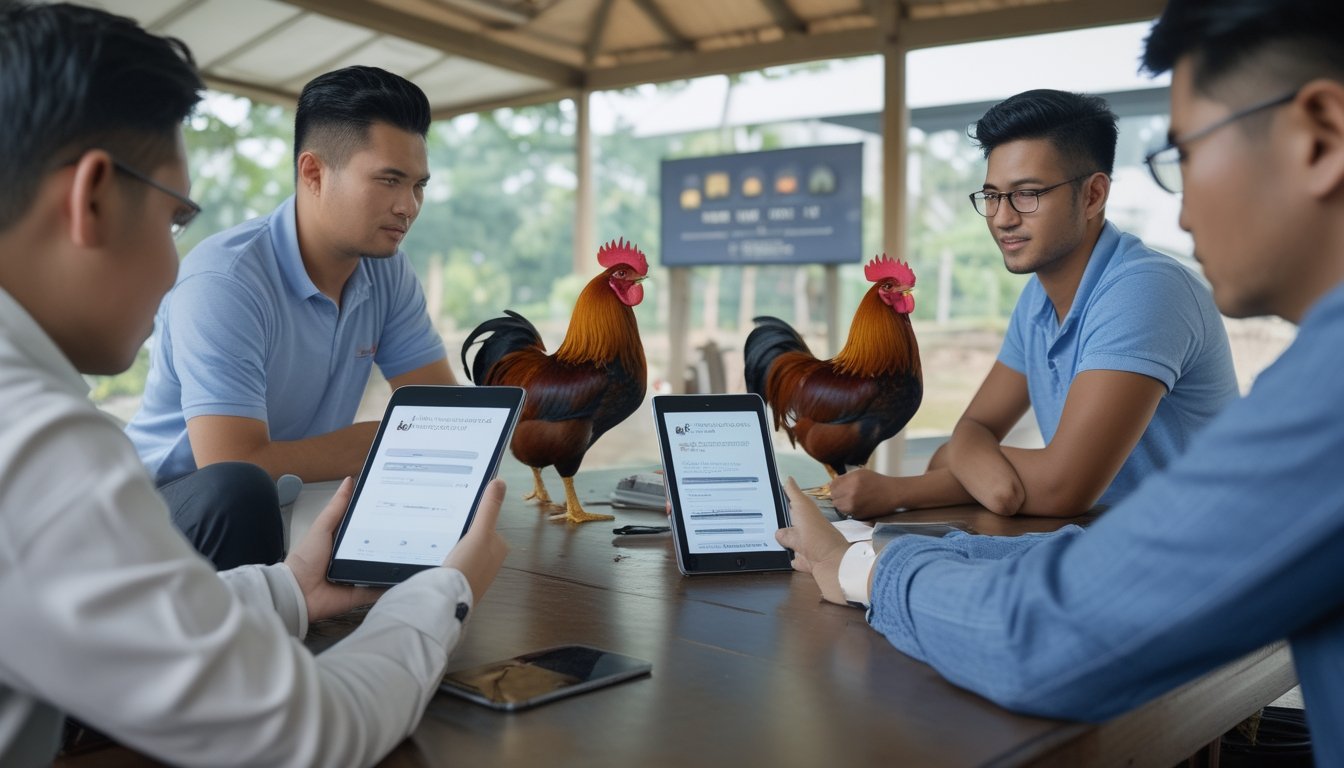 Sekelompok orang dewasa Indonesia berdiskusi menggunakan perangkat digital di ruang komunitas, dengan seekor ayam jantan yang terawat di area luar.