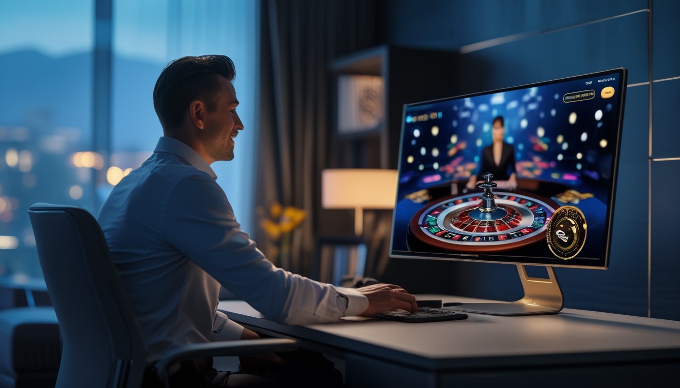 Seseorang menikmati permainan kasino langsung melalui layar monitor besar di ruang modern.