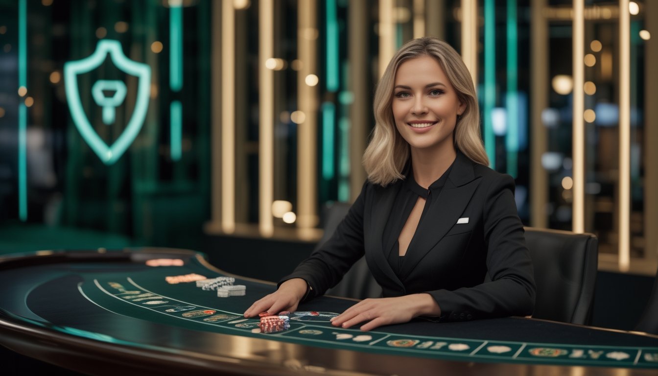 Dealer perempuan duduk di meja kasino modern dengan kartu dan keping kasino, dalam suasana elegan dan aman.