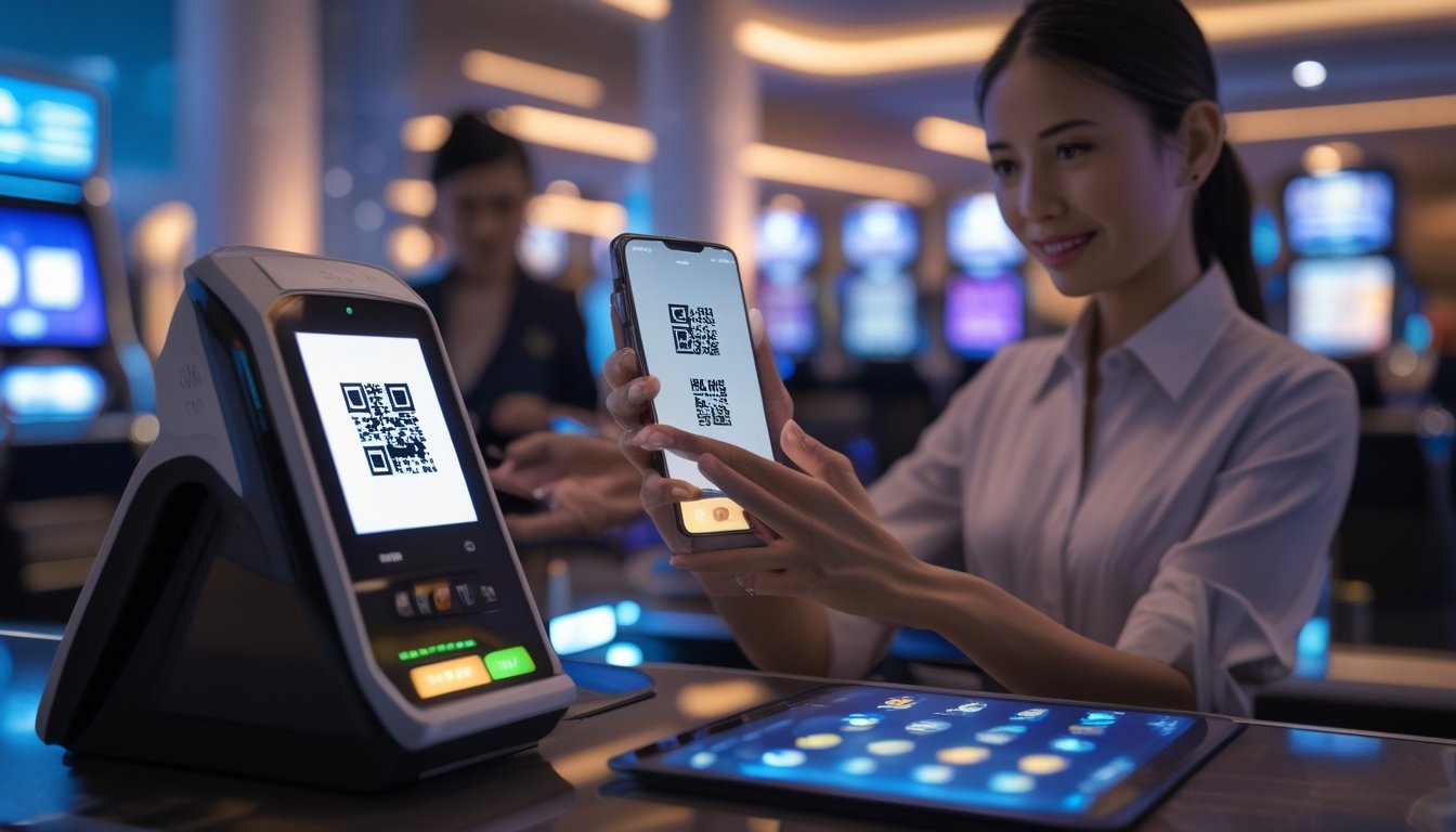 Seorang pelanggan menggunakan ponsel untuk memindai kode QR di meja pembayaran dalam suasana lounge hiburan modern.