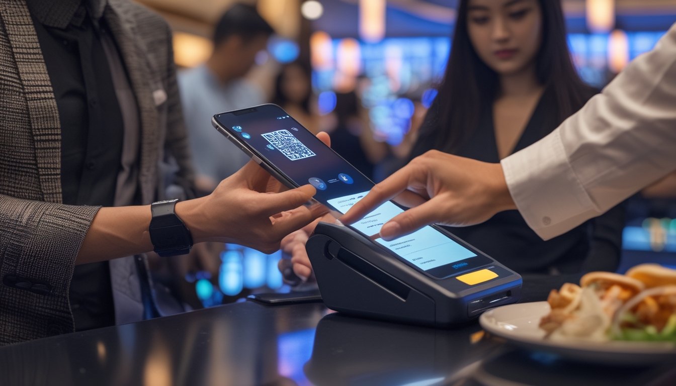 Orang dewasa menggunakan ponsel untuk memindai kode QR pada terminal pembayaran di lounge modern.