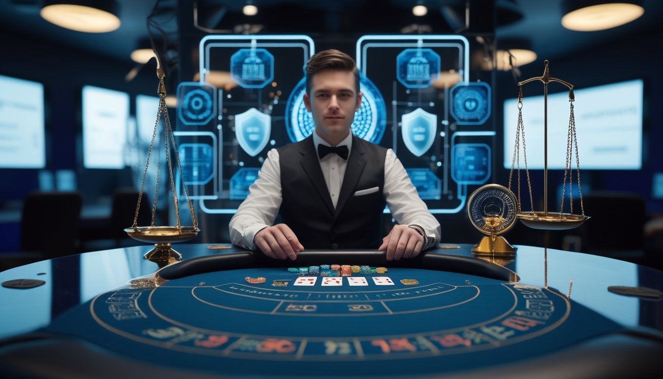 Croupier di studio kasino live modern dengan visualisasi keamanan digital dan simbol keadilan.