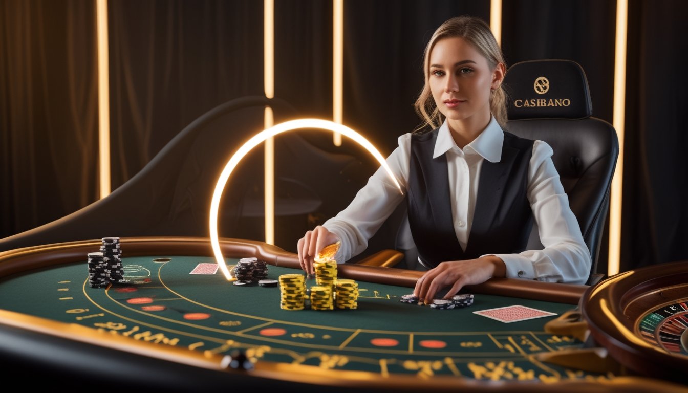 Dealer live casino duduk di meja permainan dengan chip, kartu, dan roda roulette, disertai simbol visual hadiah cashback.