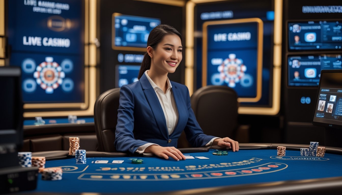 Dealer wanita memandu permainan kasino langsung di studio modern dengan meja roulette dan kartu.