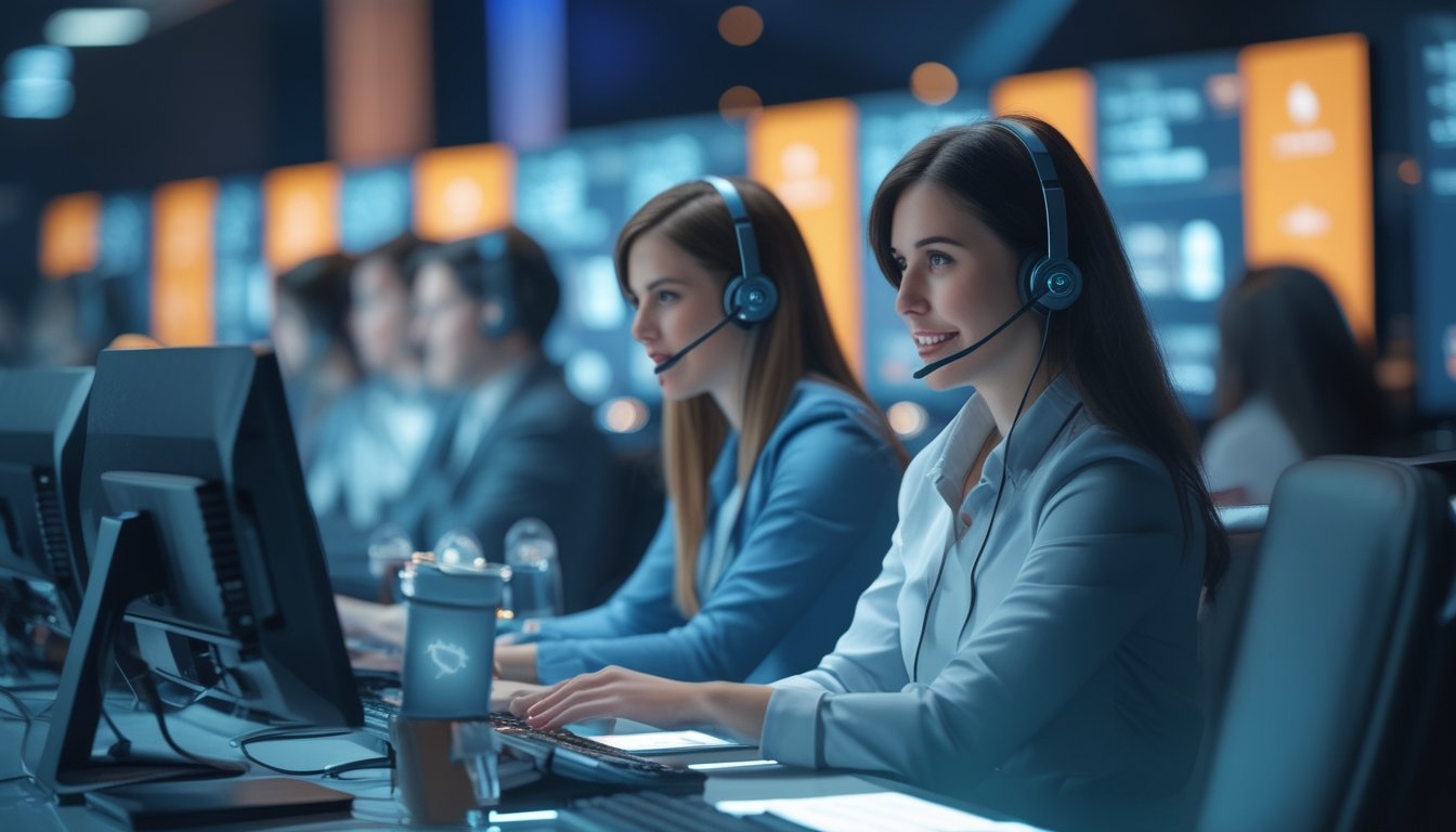 Petugas layanan pelanggan membantu pemain melalui komunikasi digital di pusat dukungan modern.
