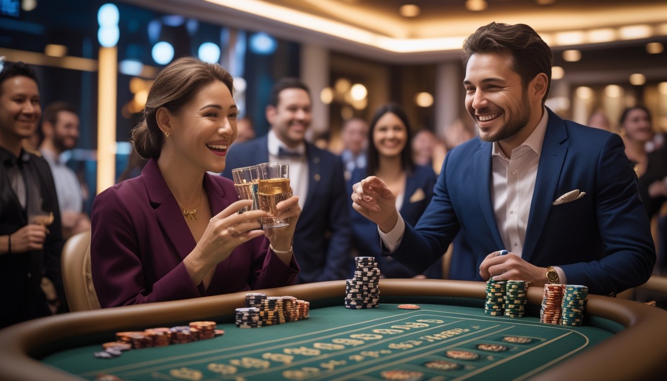 Pemenang jackpot tersenyum menerima ucapan selamat dari pembawa acara di studio kasino modern.