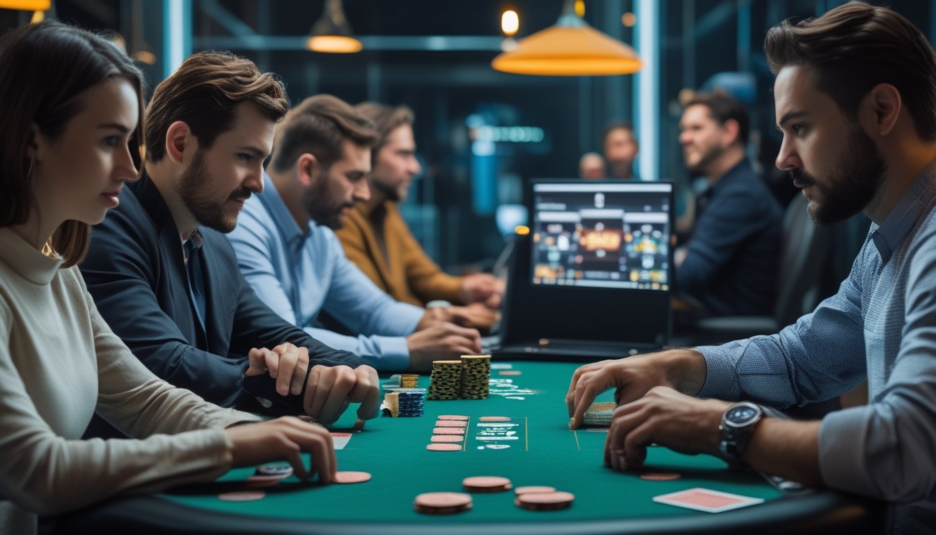 Peserta dewasa bermain poker di meja turnamen dan melalui komputer dalam suasana yang serius dan antusias.