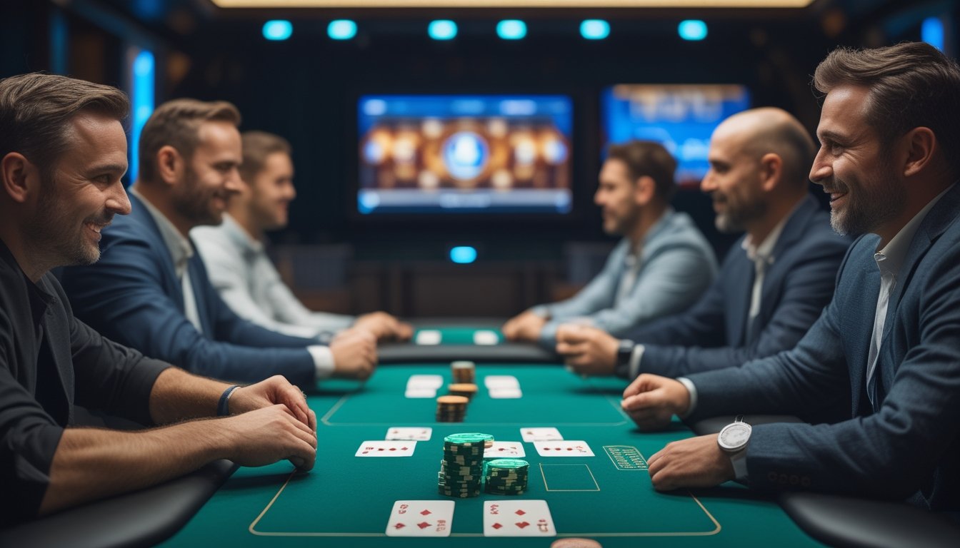Peserta dewasa bermain turnamen poker di meja sambil mengikuti permainan online melalui perangkat digital.