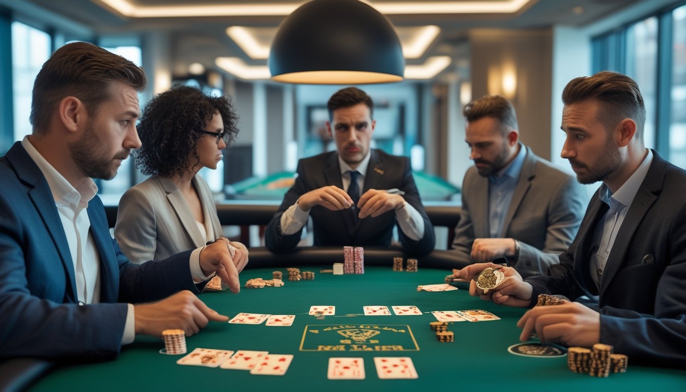 Pemula tampak bingung dan melakukan kesalahan saat bermain poker di meja bersama pemain lain dan dealer.