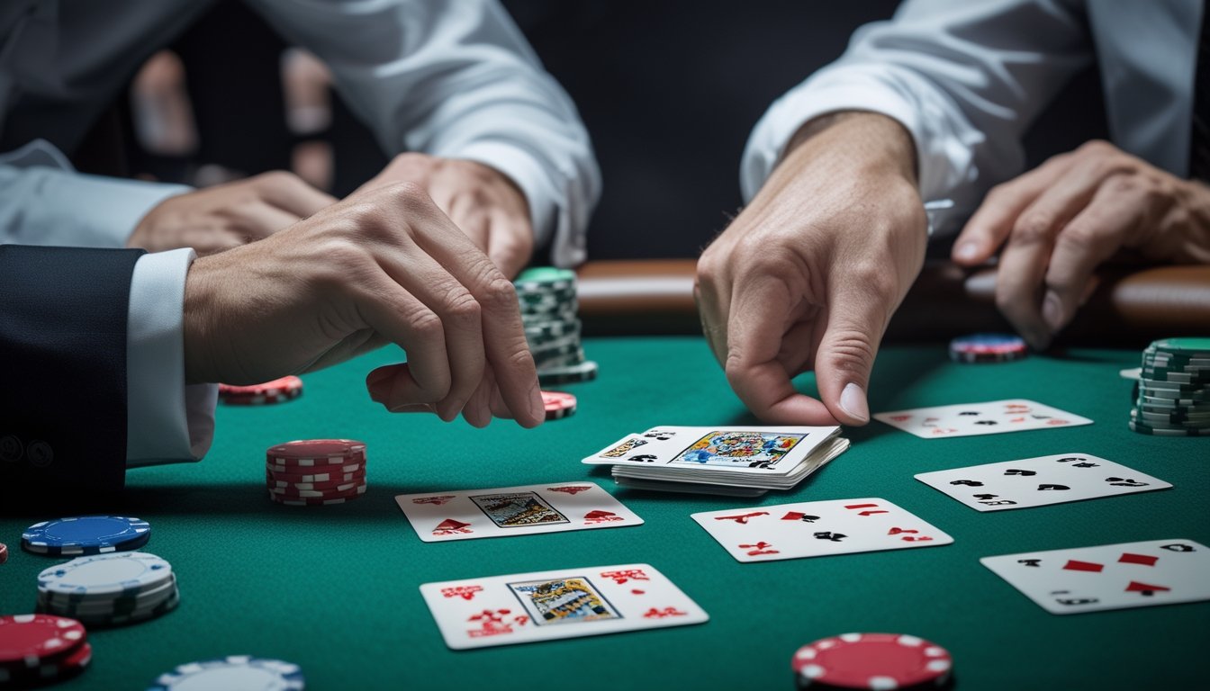 Pemain pemula mempelajari kombinasi kartu poker di meja kasino bersama seorang pembimbing.