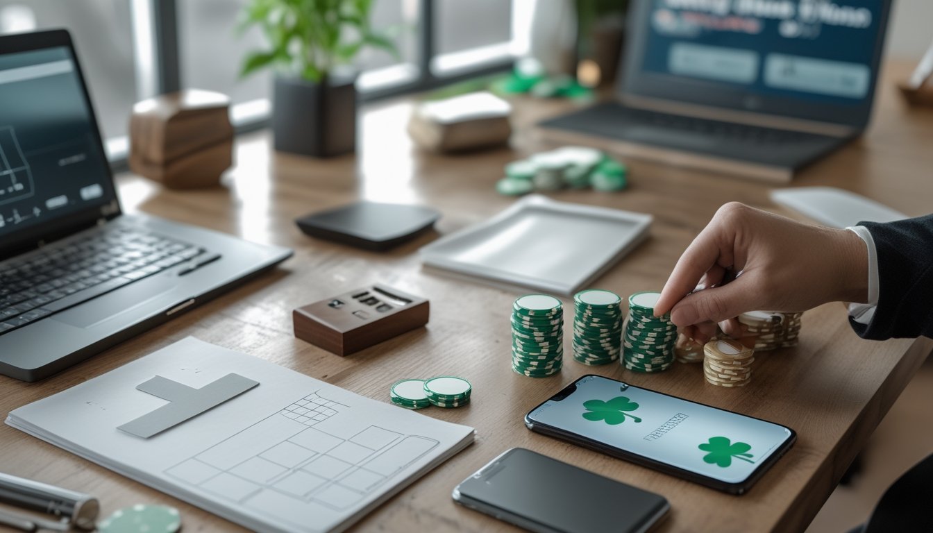 Meja rapi dengan tumpukan chip poker yang diatur, kalkulator, buku catatan kosong, dan laptop.