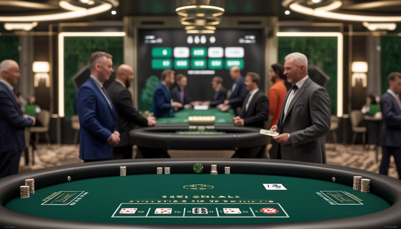 Meja turnamen poker dengan kartu dan keping taruhan, dikelilingi pemain serta suasana kompetisi besar di sebuah ruangan elegan.