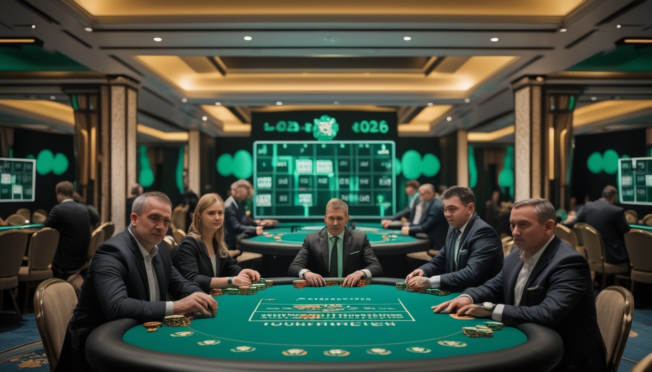 Suasana turnamen poker besar dengan pemain dan dealer di beberapa meja poker.