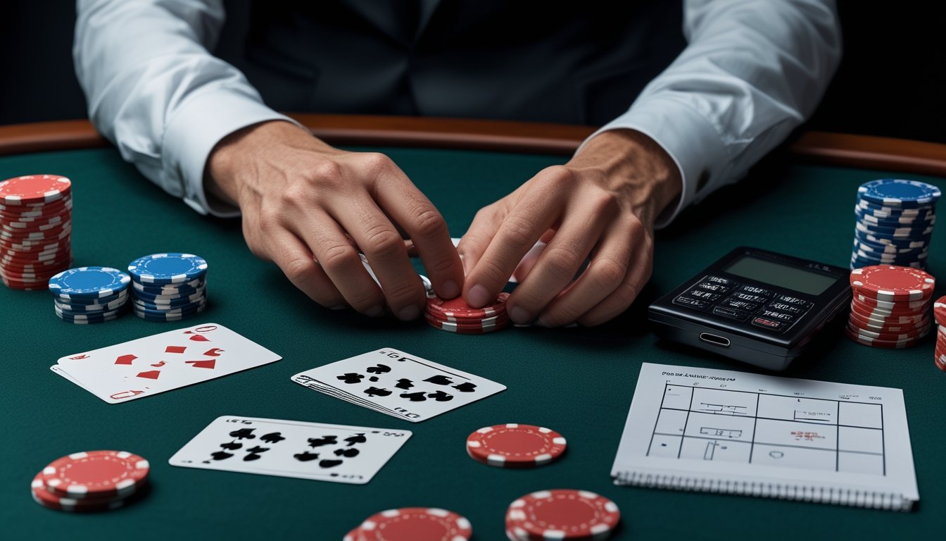 Tangan pemain menata kartu poker dan tumpukan keping di samping kalkulator serta catatan analisis.
