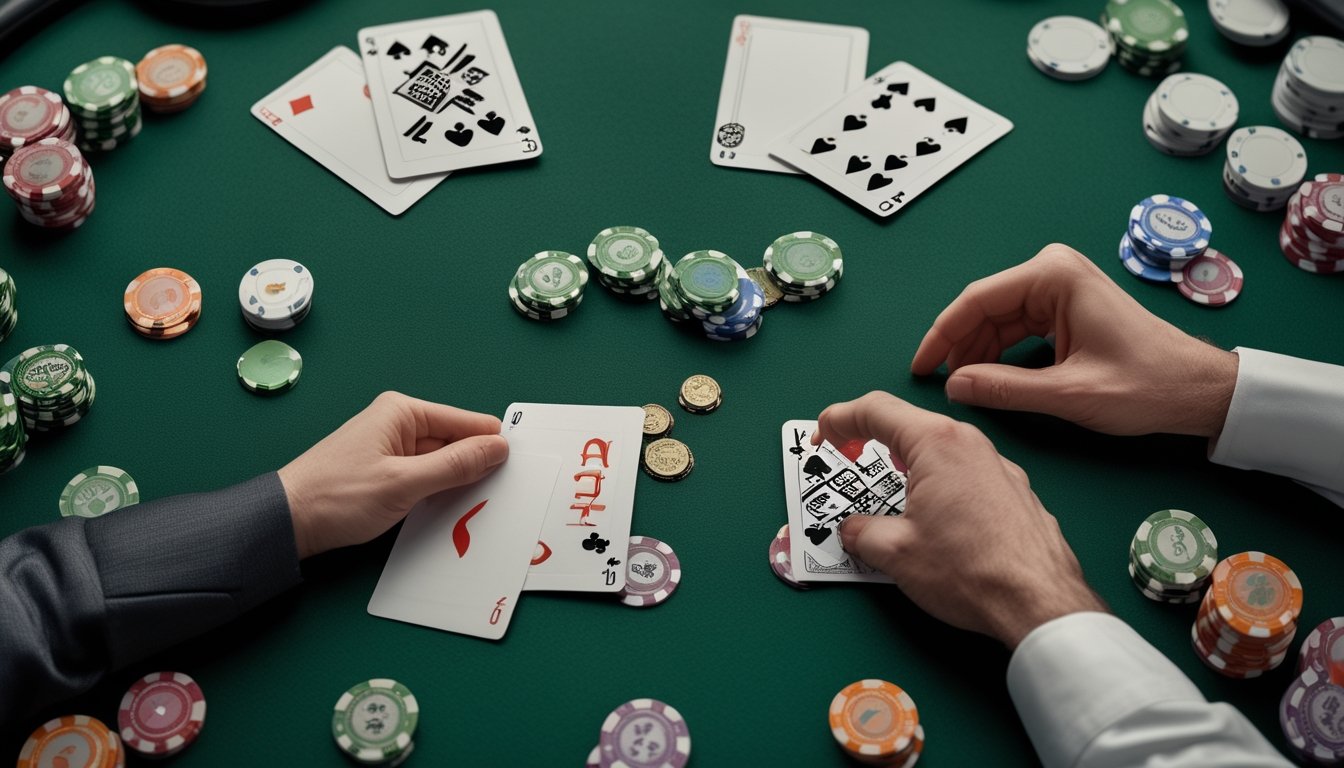Kartu poker, keping taruhan, dan kalkulator tersusun di atas meja hijau untuk menggambarkan analisis peluang.