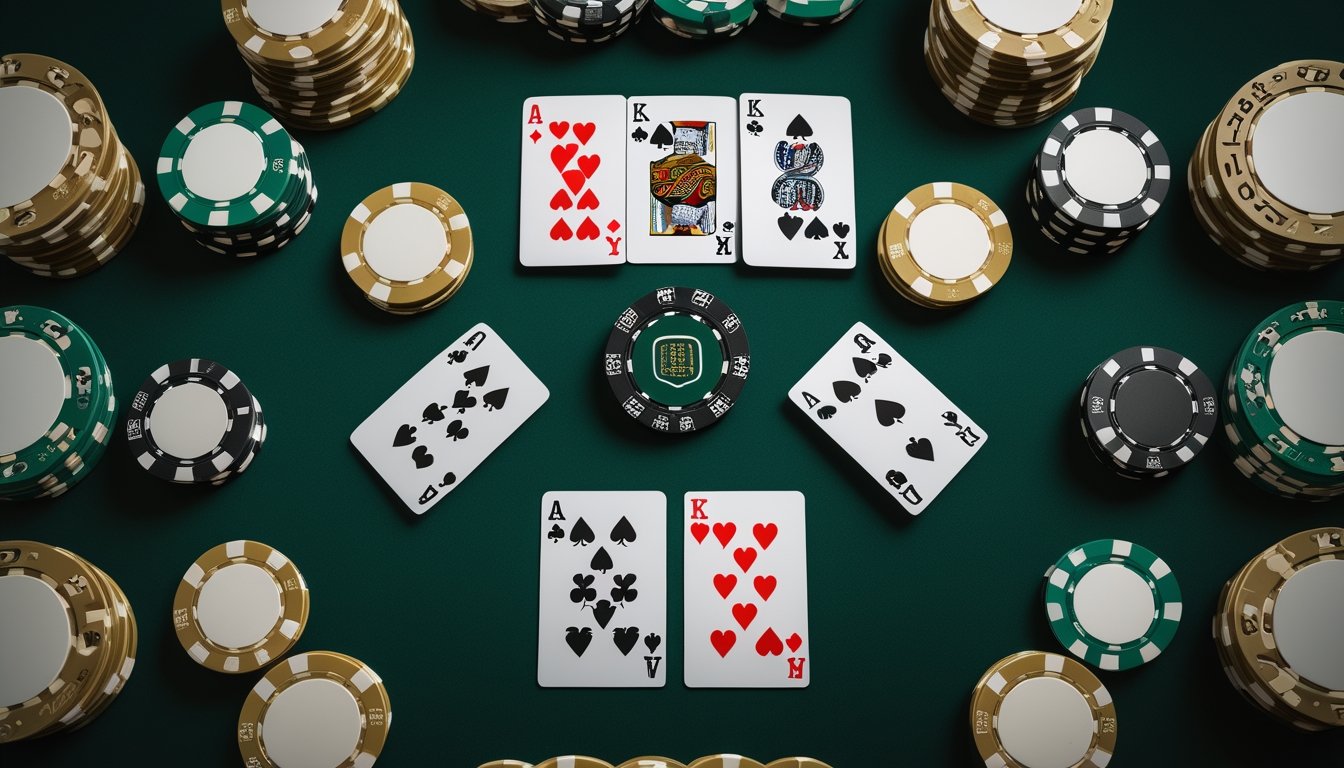 Kartu poker dan keping taruhan tersusun di atas meja poker hijau.