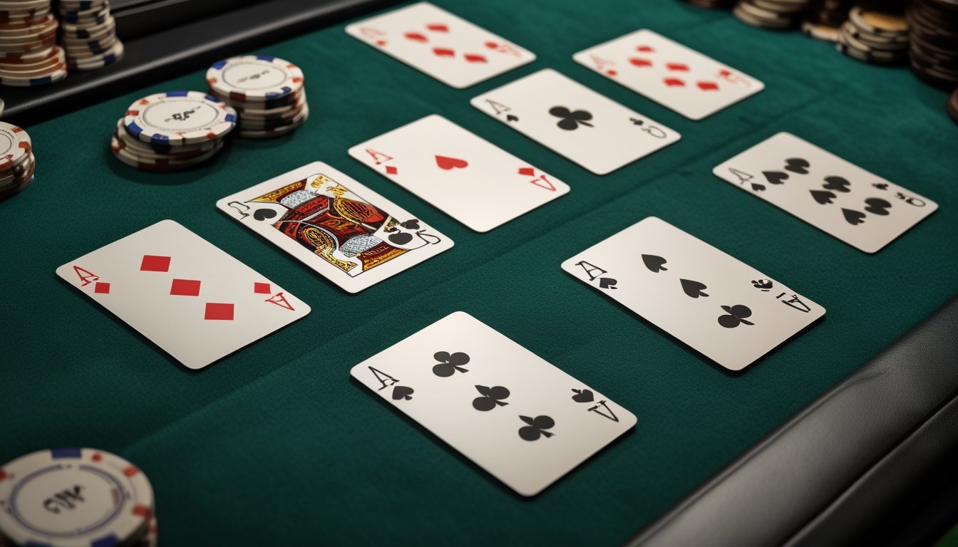 Kartu poker dan keping taruhan tersusun di atas meja kasino hijau.