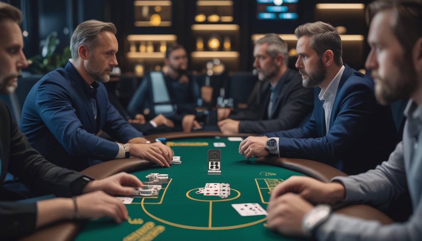 Beberapa pemain duduk mengelilingi meja poker dengan kartu dan keping taruhan, sementara satu pemain tampak berada di posisi strategis.