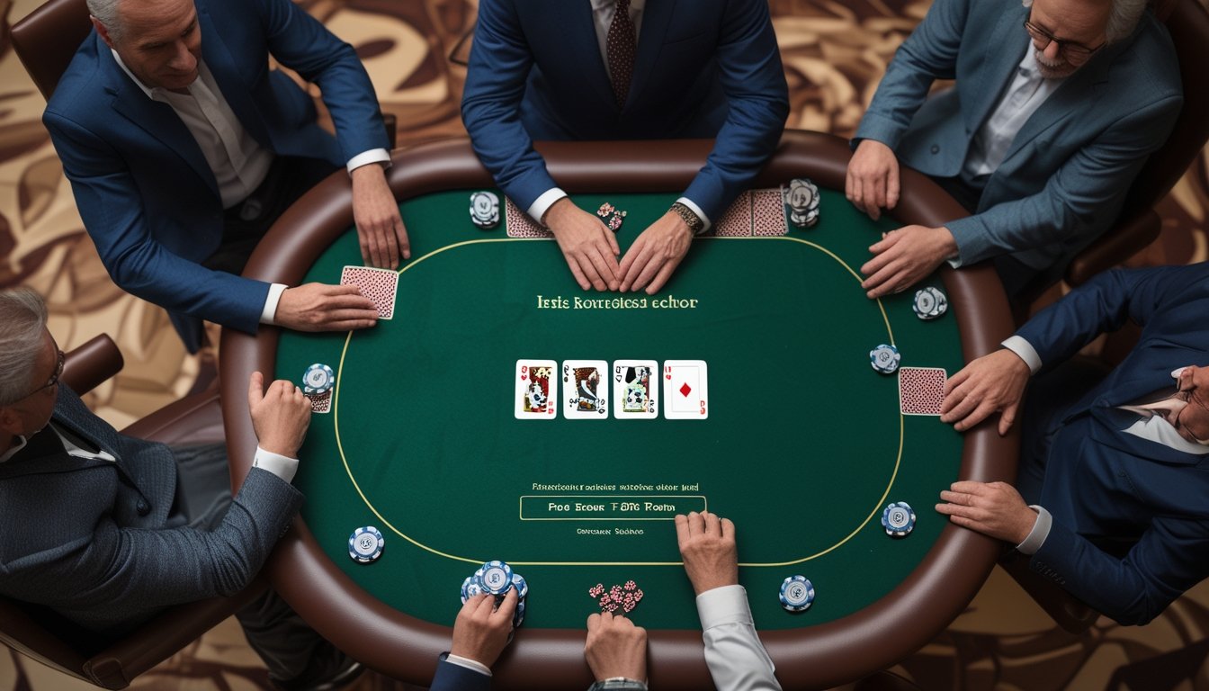 Sekelompok pemain dewasa duduk mengelilingi meja poker dengan posisi dealer, tombol dealer, kartu tertutup, dan keping taruhan yang tertata.
