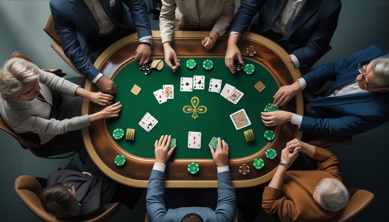 Pemain dewasa mempelajari susunan kartu dan keping taruhan di meja poker.