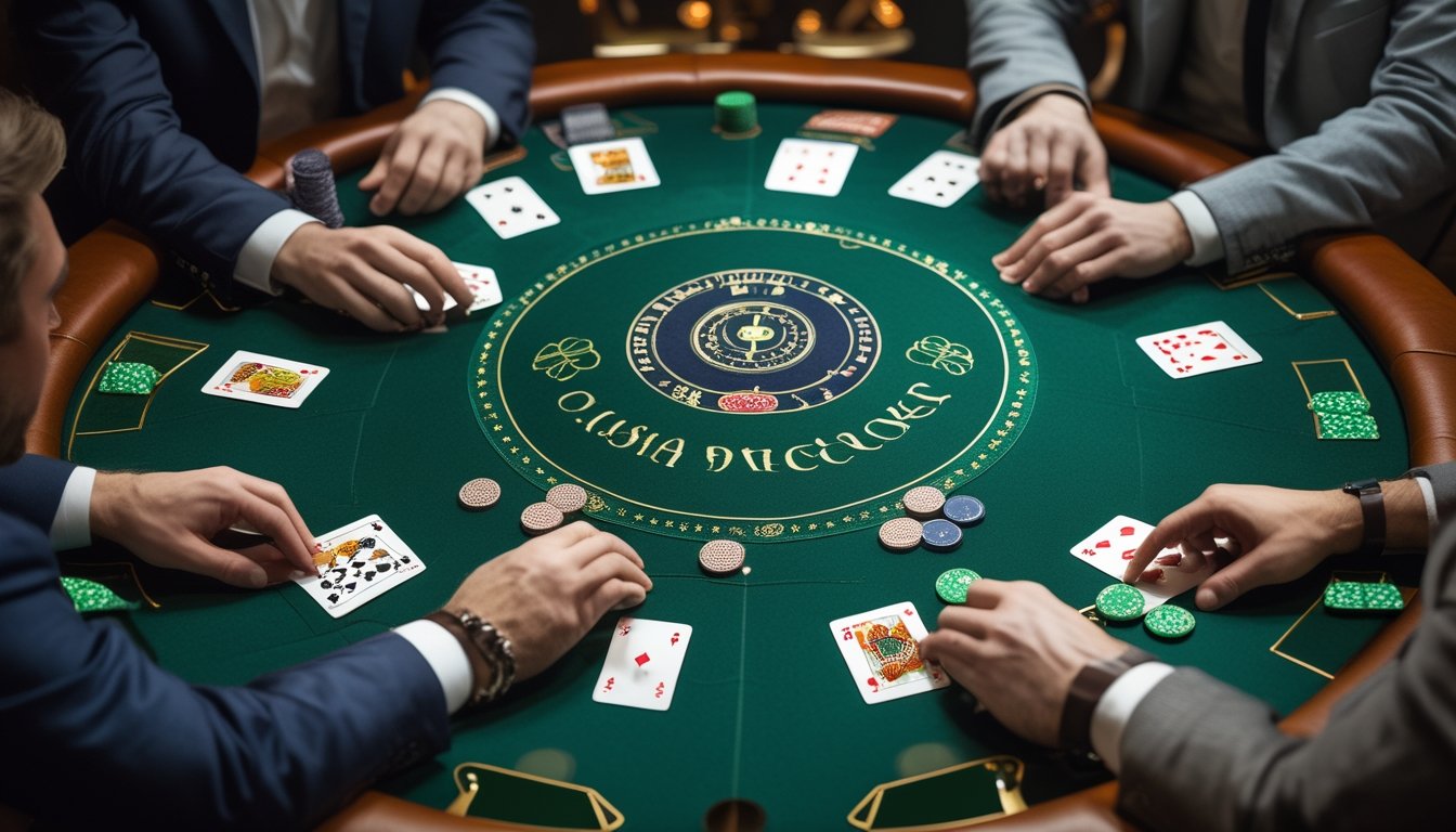 Empat pemain berkumpul di meja poker hijau sambil memegang kartu dan menyusun keping taruhan.