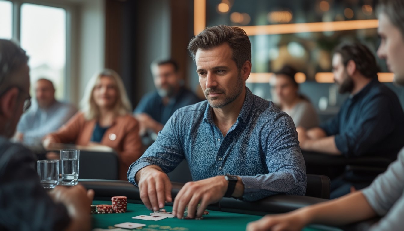 Seorang pemain poker tampak tenang dan fokus di meja permainan sambil mengatur kartu dan keping.