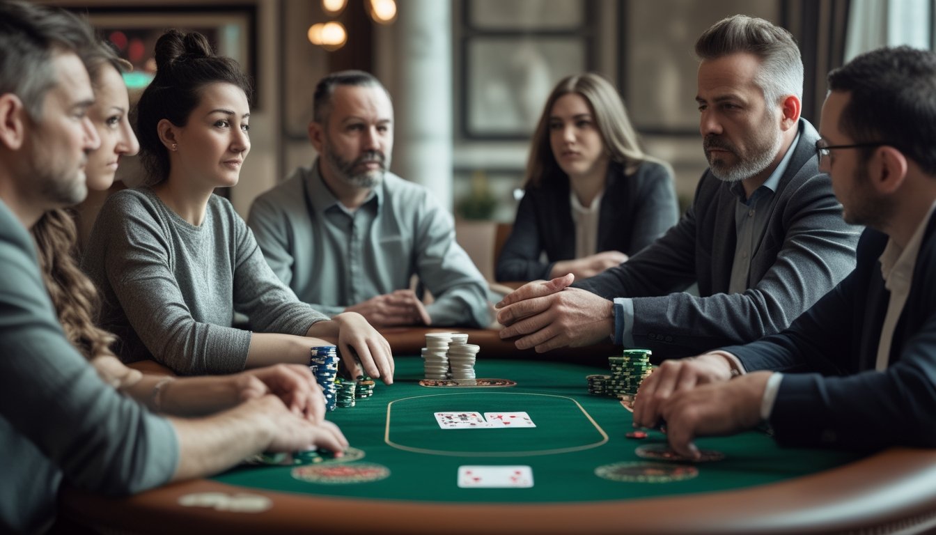 Pemain poker duduk tenang di meja sambil mengamati permainan, sementara pemain lain tampak tegang.