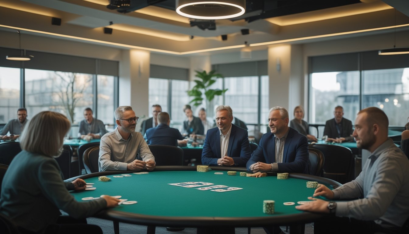 Komunitas pemain poker yang beragam berkumpul dan berdiskusi di ruang pertemuan modern dengan meja poker dan tablet.