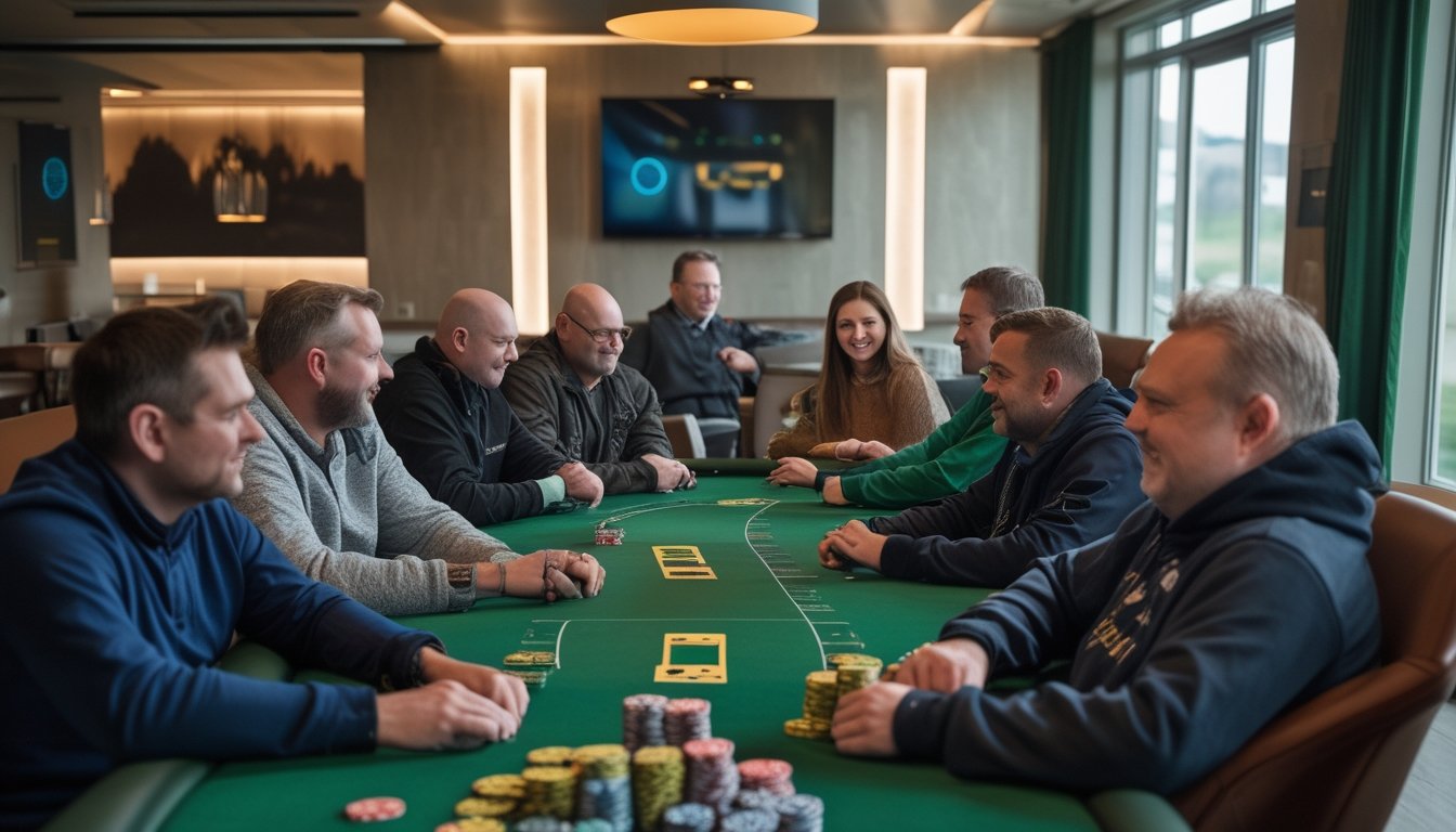 Pemain poker dewasa dari berbagai latar berkumpul dan berinteraksi di ruang komunitas modern di Irlandia.