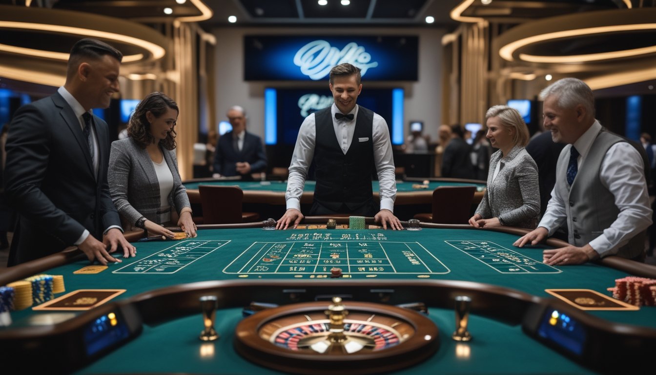 Pemain dan dealer berada di meja permainan kasino modern dengan roulette, kartu, dan keping taruhan.