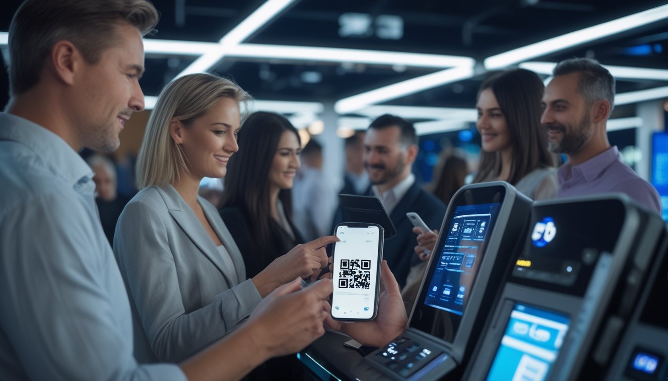 Orang dewasa menggunakan ponsel untuk melakukan pembayaran digital melalui kode QR di tempat hiburan modern.