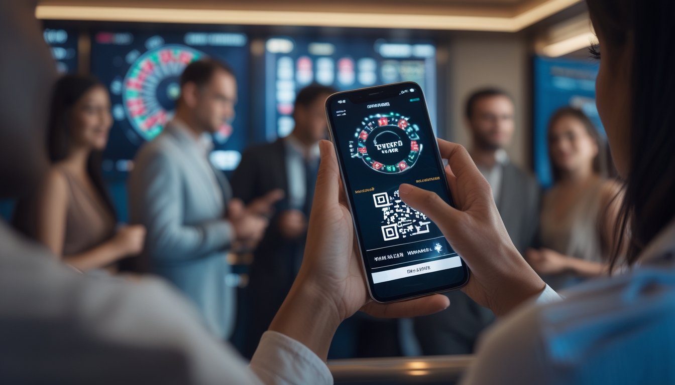 Seseorang memindai kode QR dengan ponsel untuk melakukan pembayaran digital di ruang modern.