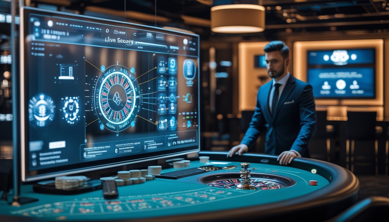 Dealer profesional memandu permainan kasino langsung dengan tampilan analisis keamanan digital dan indikator permainan yang adil.