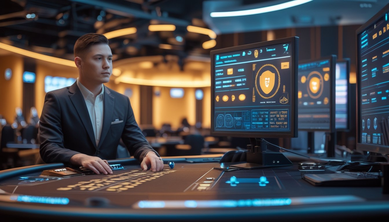 Dealer dan analis keamanan memantau meja kasino live dengan kamera dan sistem pengawasan.