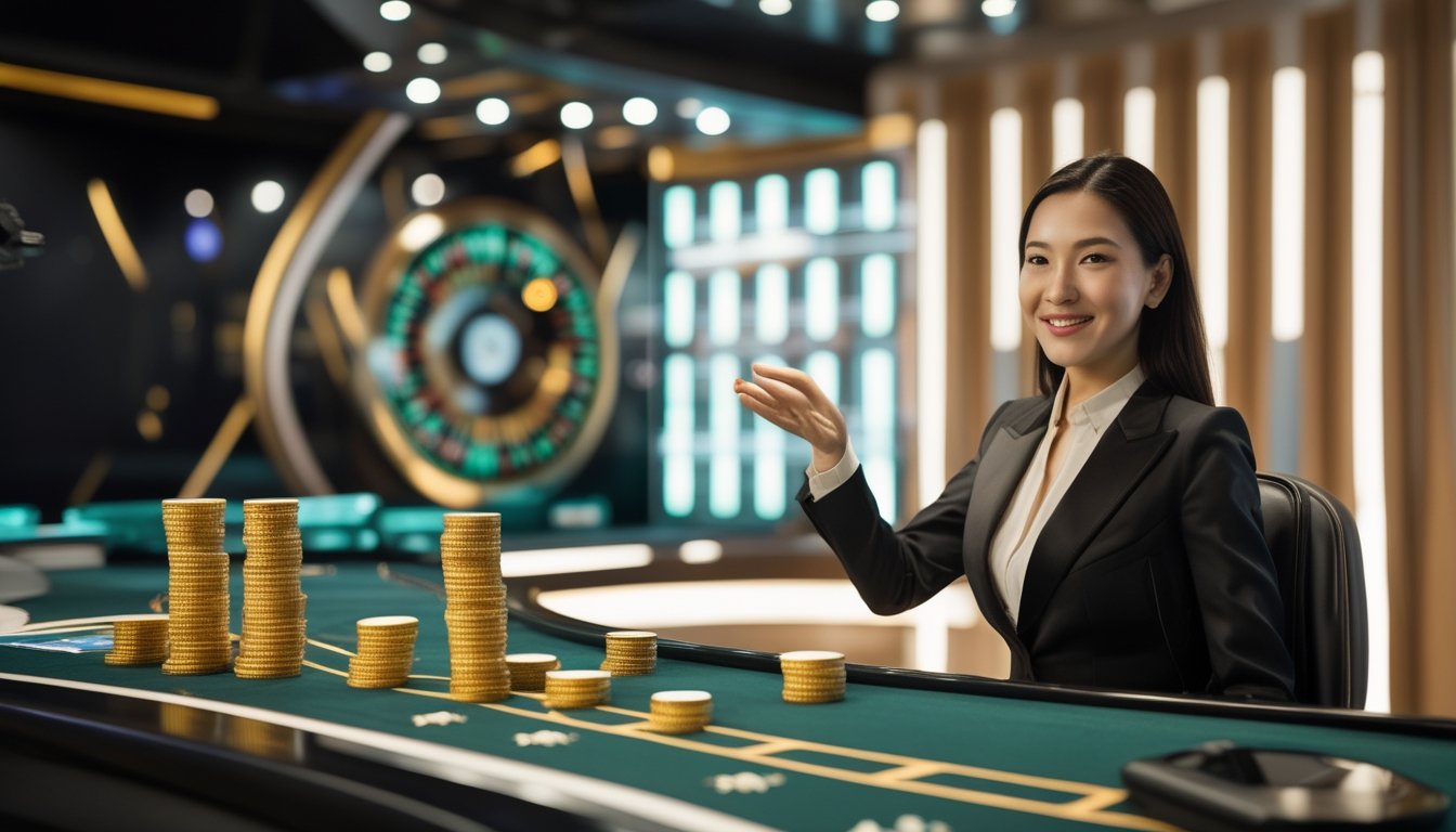 Dealer kasino langsung tersenyum di samping meja permainan dengan kartu, roda roulette, dan tumpukan keping kasino.