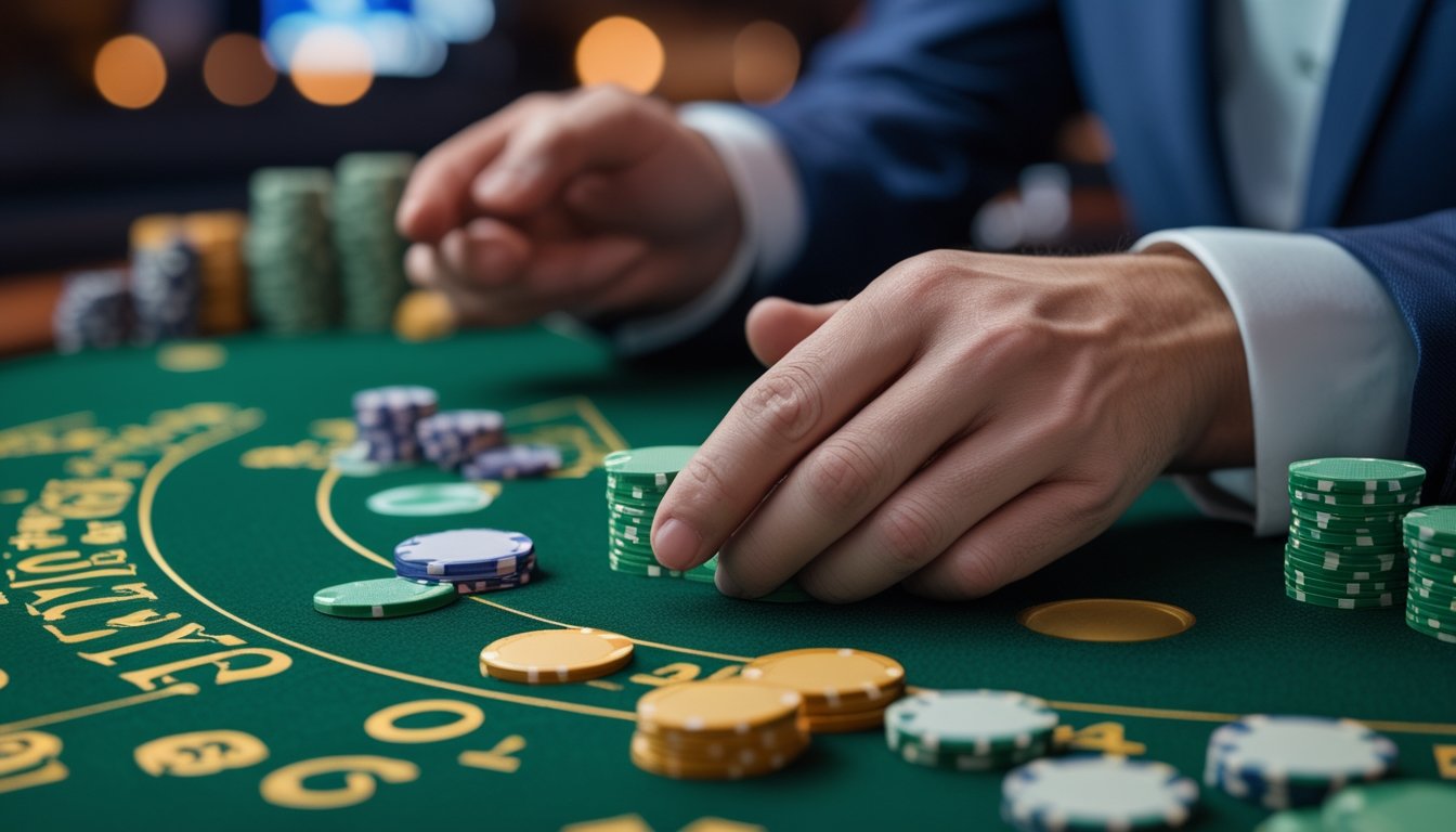 Pemain dewasa yang tenang mengelola chip di meja kasino sambil meninjau catatan anggaran.