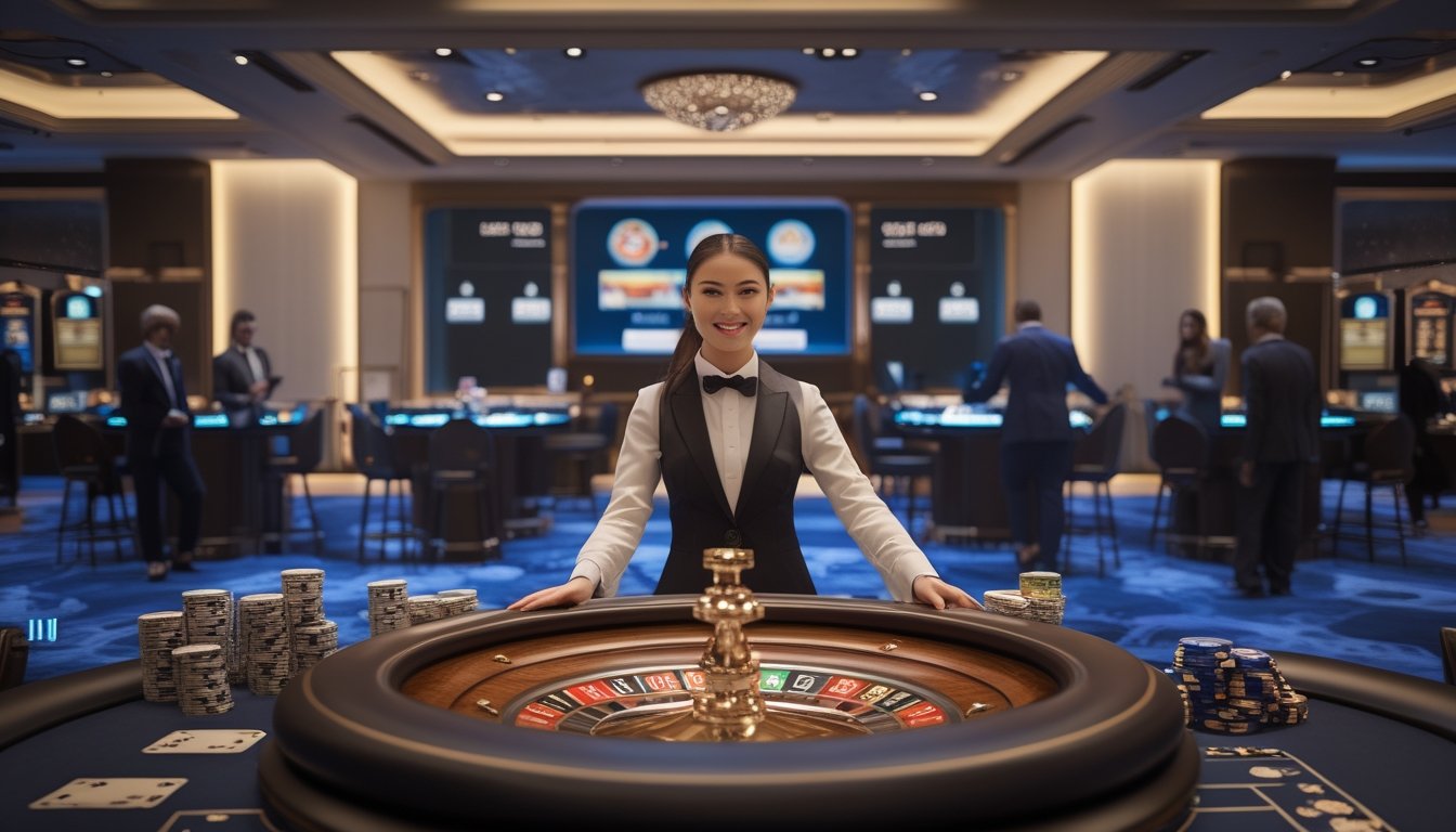 Dealer melayani pemain di meja kasino live dalam suasana modern dan profesional.
