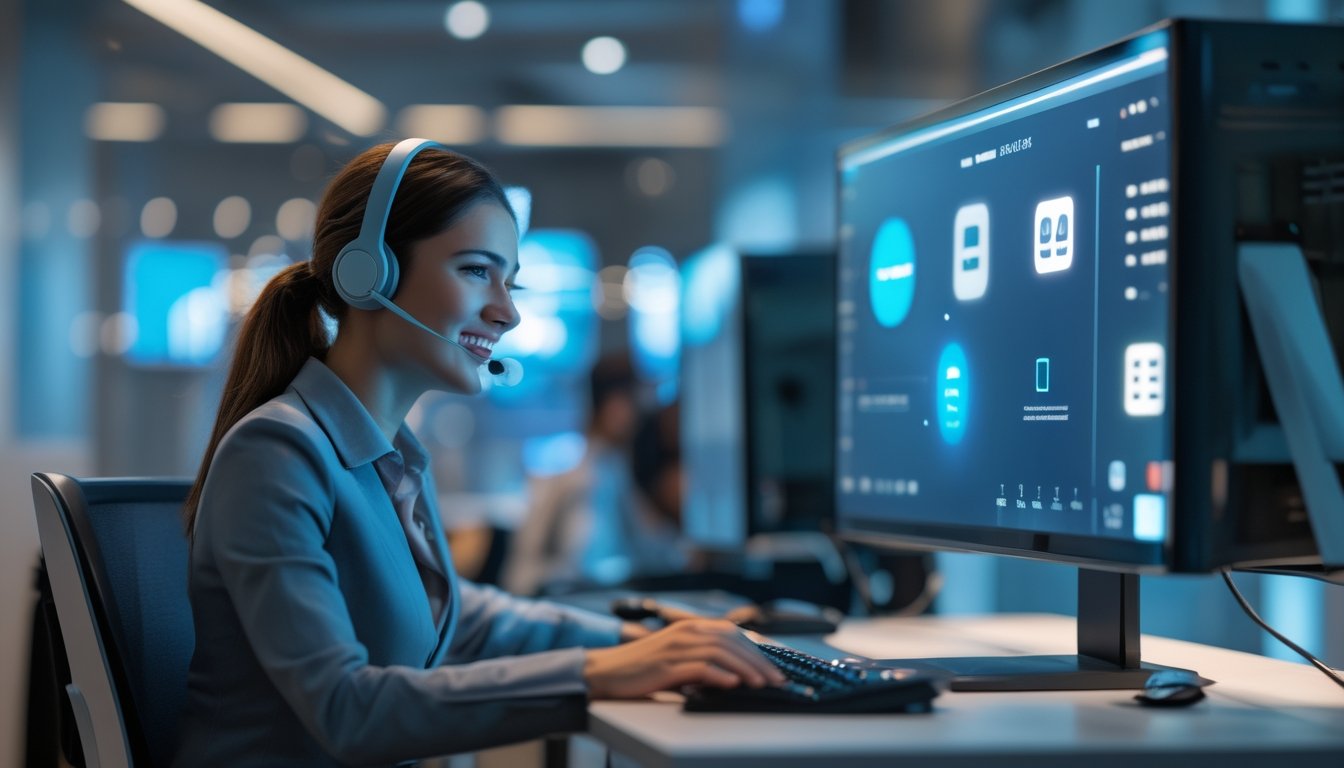 Petugas layanan pelanggan memakai headset membantu pengguna melalui komputer di kantor modern.
